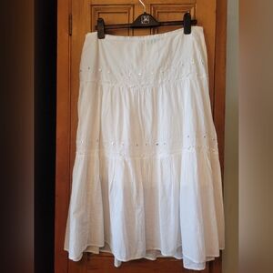 90s Boho Tiered White Midi Skirt Low Rise Size 8